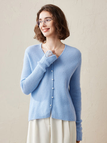 COMOBOCA Light Blue 100% Cashmere Women's Faux Button Sweater with Lace Cuff