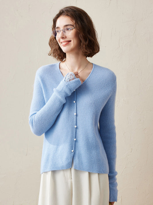 COMOBOCA Light Blue 100% Cashmere Women's Faux Button Sweater with Lace Cuff