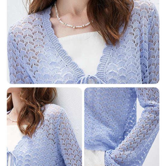 COMOBOCA Women's Linen Lace Knit Tie Front Cardigan