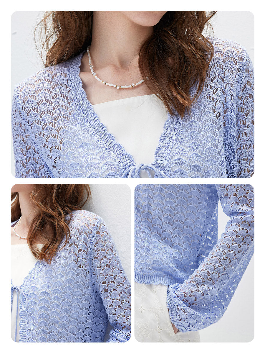 COMOBOCA Women's Linen Lace Knit Tie Front Cardigan