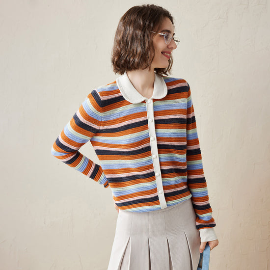 COMOBOCA 100% Cashmere Striped Knit Cardigan with Contrast Collar