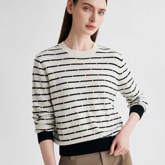 COMOBOCA 100% Cashmere Women's Striped Round Neck Knit Sweater