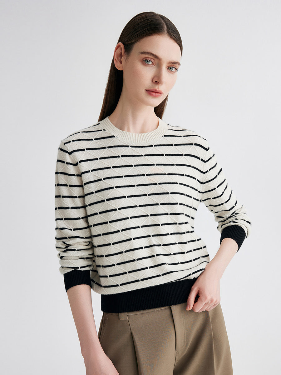 COMOBOCA 100% Cashmere Women's Striped Round Neck Knit Sweater