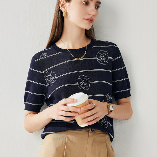 COMOBOCA Women's Striped Floral Knit T-Shirt