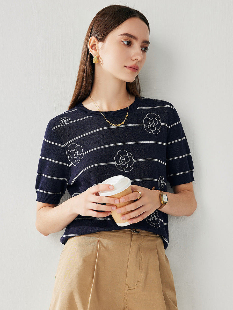 COMOBOCA Women's Striped Floral Knit T-Shirt