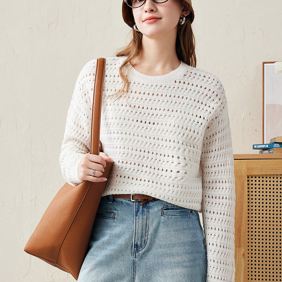 COMOBOCA White 100% Wool Women's Soft Knit Lace Sweater