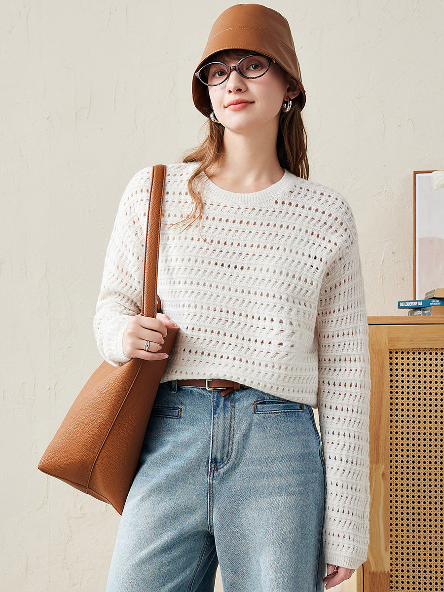 COMOBOCA White 100% Wool Women's Soft Knit Lace Sweater