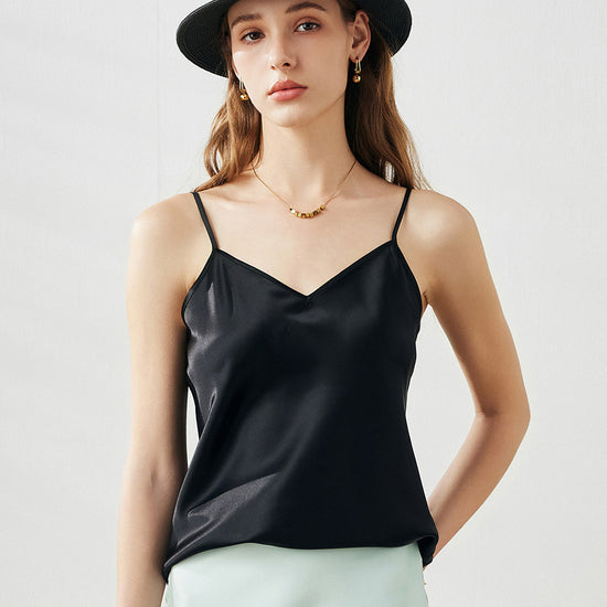 COMOBOCA Black Women's Silk V-Neck Adjustable Straps Camisole