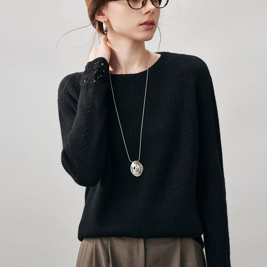 COMOBOCA 100% Cashmere Women's Ribbed Crochet Lace Cuffs Sweater