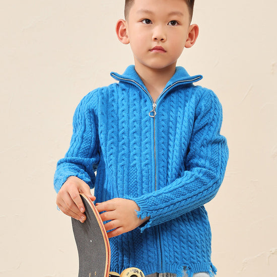 COMOBOCA 100% Wool Kid's Cable Knit Turtleneck Zip Up Cardigan