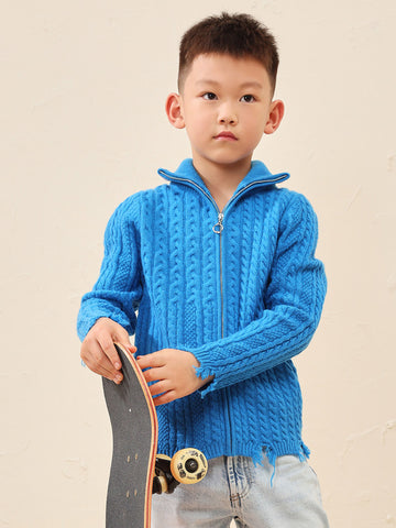 COMOBOCA 100% Wool Kid's Cable Knit Turtleneck Zip Up Cardigan