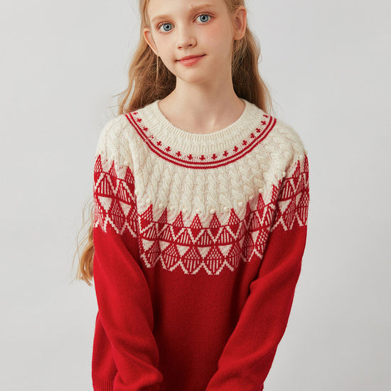 COMOBOCA 100% Wool Kids' Fair Isle Pattern Round Neck Sweater