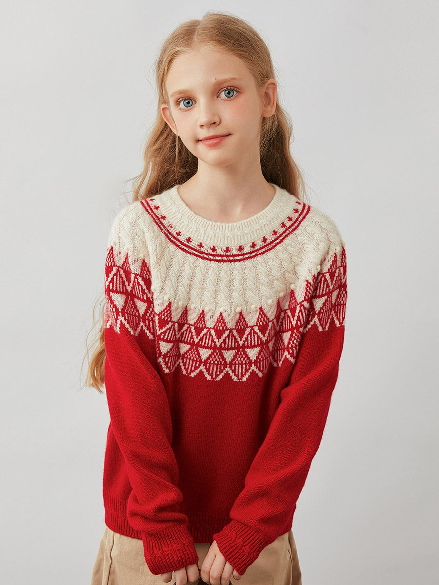 COMOBOCA 100% Wool Kids' Fair Isle Pattern Round Neck Sweater