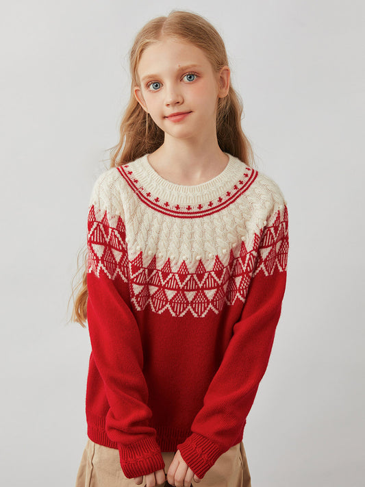 COMOBOCA 100% Wool Kids' Fair Isle Pattern Round Neck Sweater