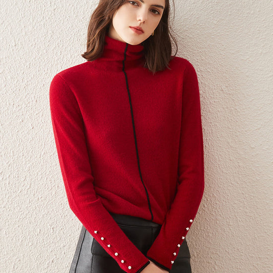 COMOBOCA Red 100% Cashmere Women's Pearl Buttoned Sweater