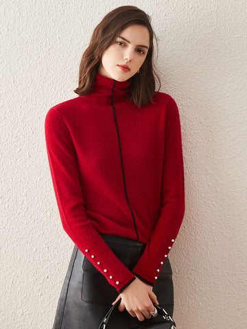 COMOBOCA Red 100% Cashmere Women's Pearl Buttoned Sweater