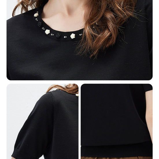 COMOBOCA Women's Rhinestone Trim Knit T-Shirt