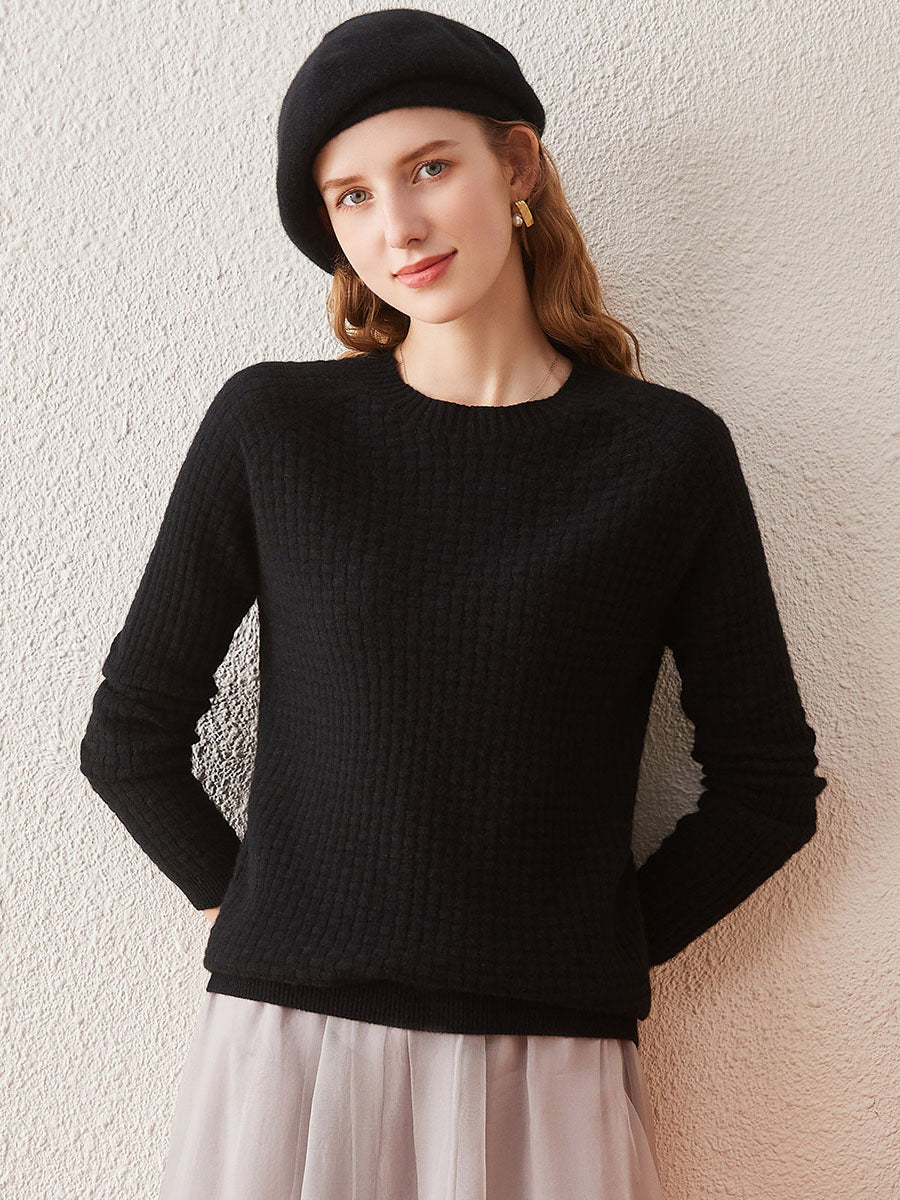 COMOBOCA 100% Cashmere Women's Round Neck Ribbed Knit Sweater