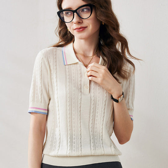 COMOBOCA Women's Cable Color Trimmed Knit Polo T-Shirt