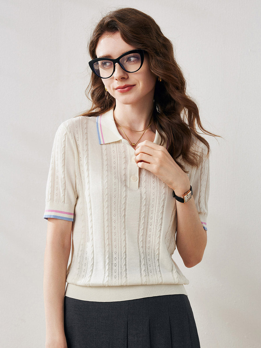 COMOBOCA Women's Cable Color Trimmed Knit Polo T-Shirt
