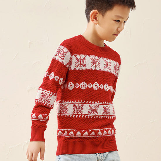 COMOBOCA Red 100% Wool Kids' Nordic Snowflake Knit Sweater