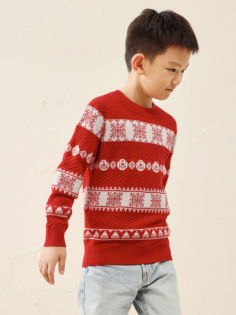 COMOBOCA Red 100% Wool Kids' Nordic Snowflake Knit Sweater
