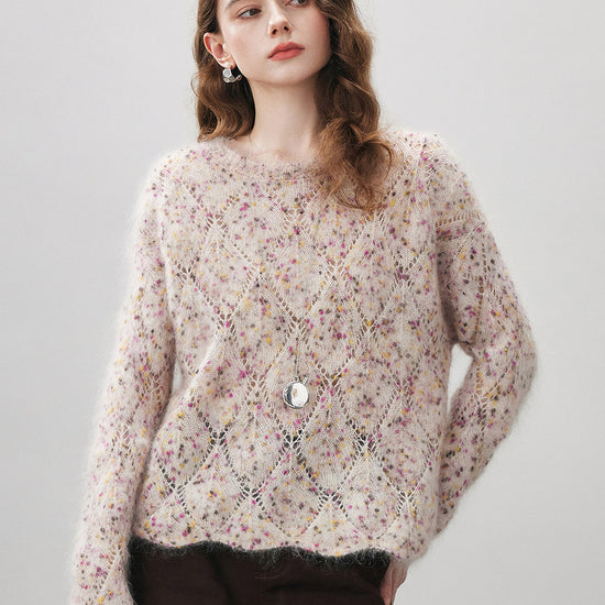 COMOBOCA Women's Speckled Lace Knit Round Neck Sweater