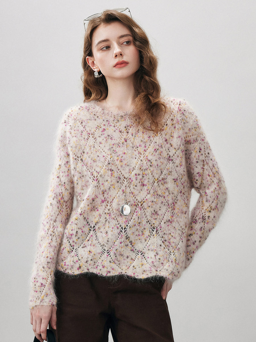 COMOBOCA Women's Speckled Lace Knit Round Neck Sweater