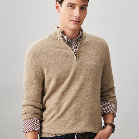 COMOBOCA 100% Cashmere Men's Half Zip Mock Neck Sweater