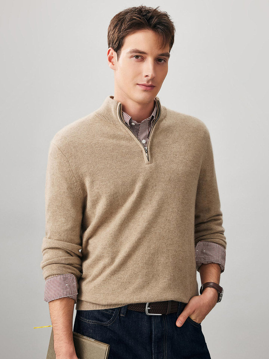COMOBOCA 100% Cashmere Men's Half Zip Mock Neck Sweater