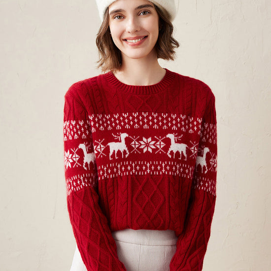 COMOBOCA 100% Cashmere Women's Cozy Reindeer Fair Isle Knit Sweater