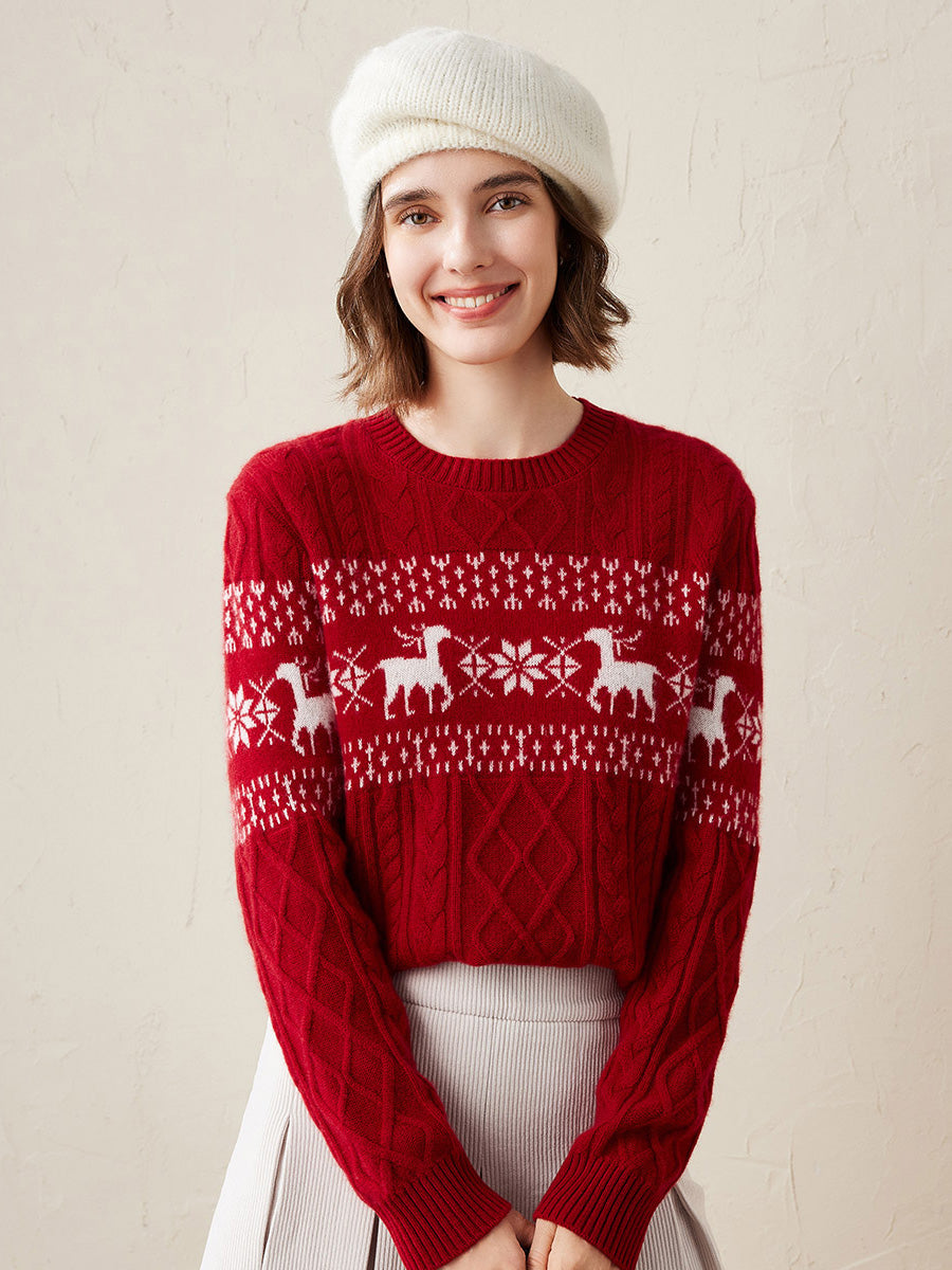 COMOBOCA 100% Cashmere Women's Cozy Reindeer Fair Isle Knit Sweater
