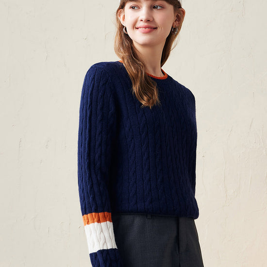 COMOBOCA 100% Wool Women's Colorblock Cable Knit Sweater