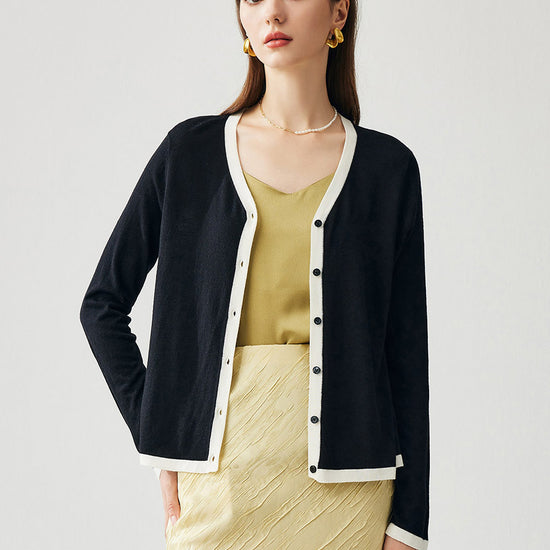 COMOBOCA Black Women's Ribbed V-neck Cardigan with White Trim