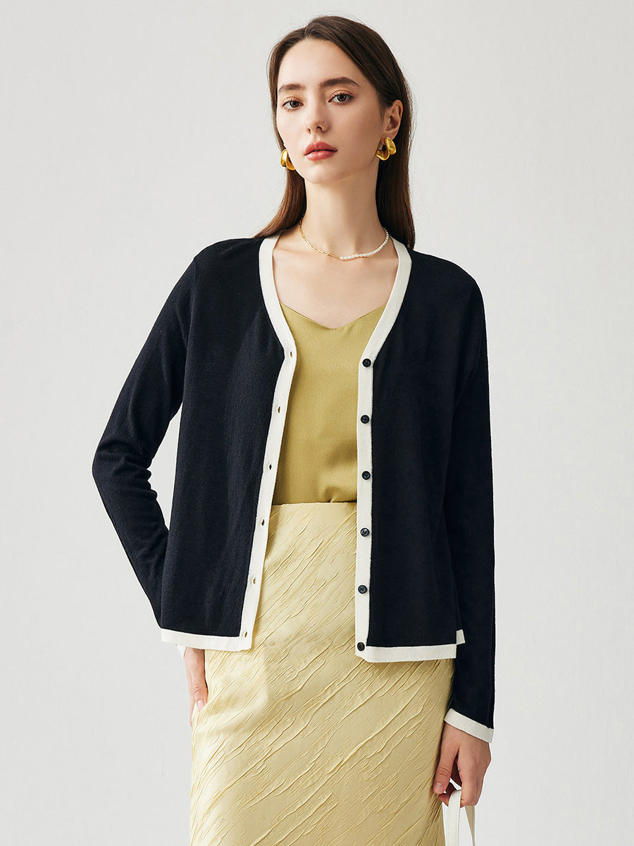 COMOBOCA Black Women's Ribbed V-neck Cardigan with White Trim