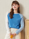 COMOBOCA Blue 100% Wool Women's Striped Sleeve Contrast Knit Worsted Sweater