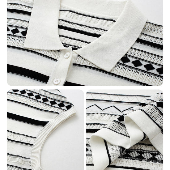 COMOBOCA Women's Geometric Stripe Polo Knit T-Shirt