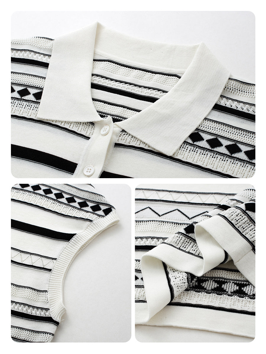 COMOBOCA Women's Geometric Stripe Polo Knit T-Shirt