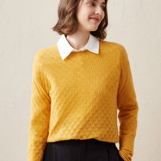 COMOBOCA Yellow 100% Cashmere Women's Diamond Pattern Pullover Sweater