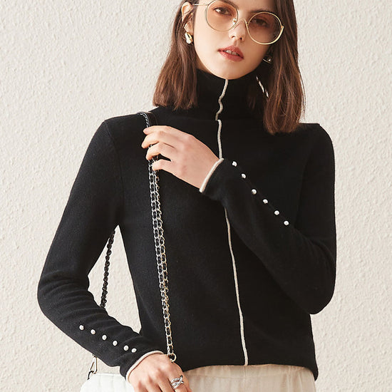 COMOBOCA Black 100% Cashmere Women's Pearl Buttoned Sweater