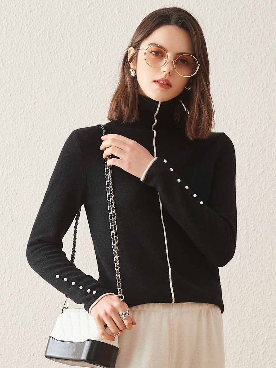 COMOBOCA Black 100% Cashmere Women's Pearl Buttoned Sweater