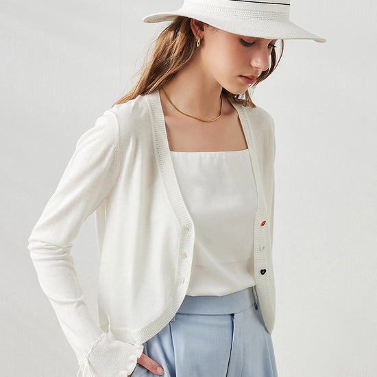 COMOBOCA Women's Heart Button Cropped Ruffle Bell Cardigan