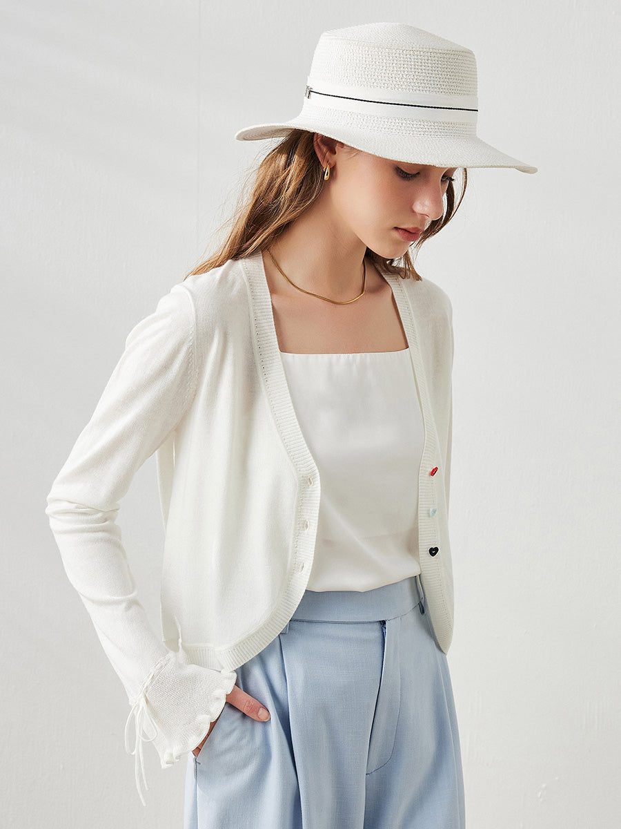 COMOBOCA Women's Heart Button Cropped Ruffle Bell Cardigan