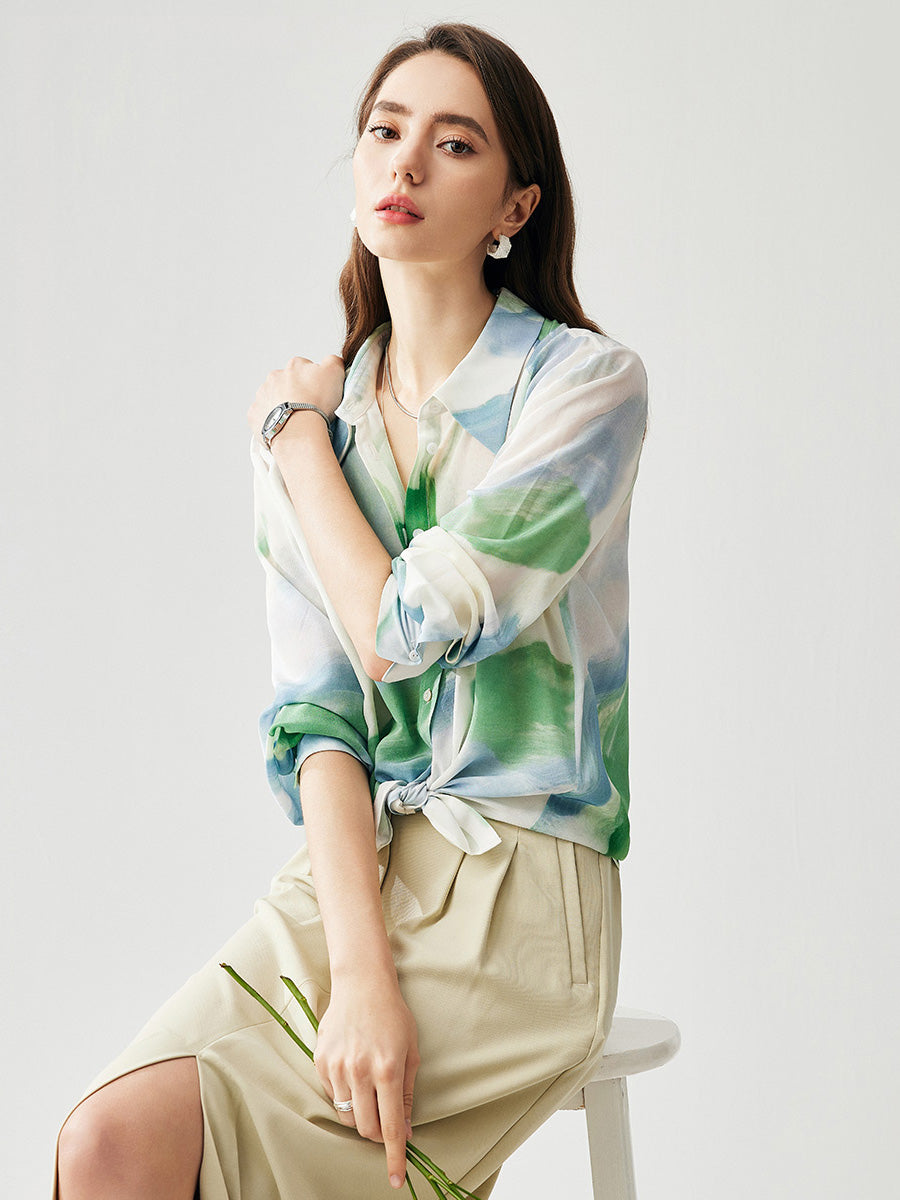 COMOBOCA 100% Mulberry Silk Women's Watercolor Print Shirt