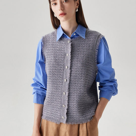 COMOBOCA Purple Gray 100% Wool Women's Button Down Frayed Hem Knit Vest
