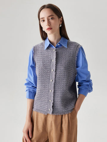 COMOBOCA Purple Gray 100% Wool Women's Button Down Frayed Hem Knit Vest