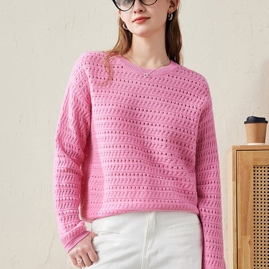 COMOBOCA Pink 100% Wool Women's Soft Knit Lace Sweater