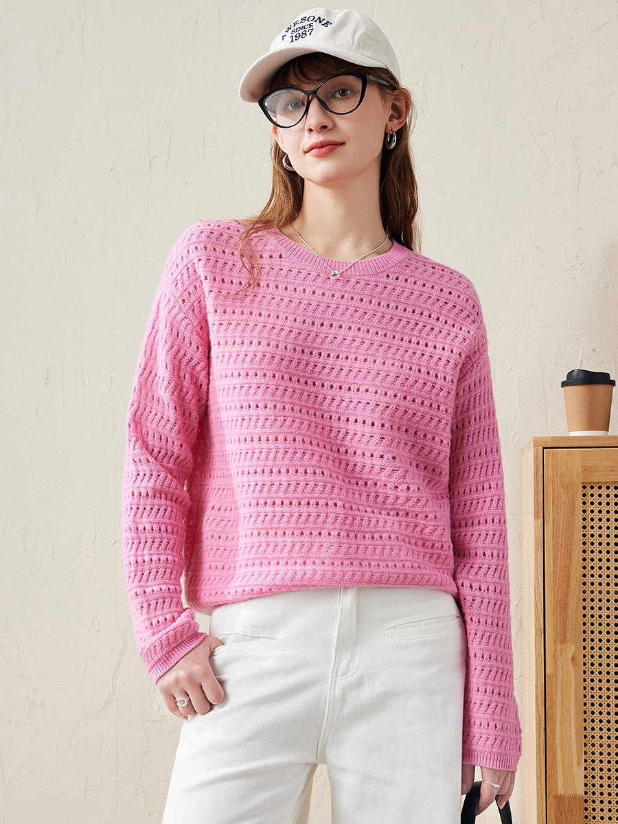 COMOBOCA Pink 100% Wool Women's Soft Knit Lace Sweater