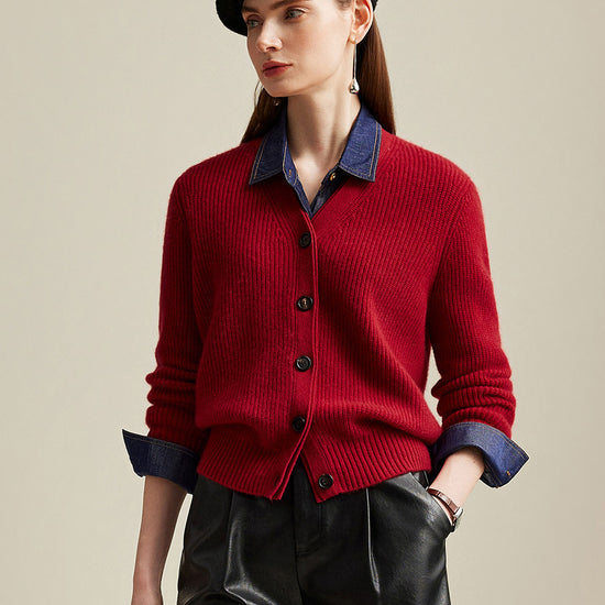 COMOBOCA Red 100% Cashmere Women's V-Neck Ribbed Button Cardigan