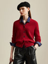 COMOBOCA Red 100% Cashmere Women's V-Neck Ribbed Button Cardigan